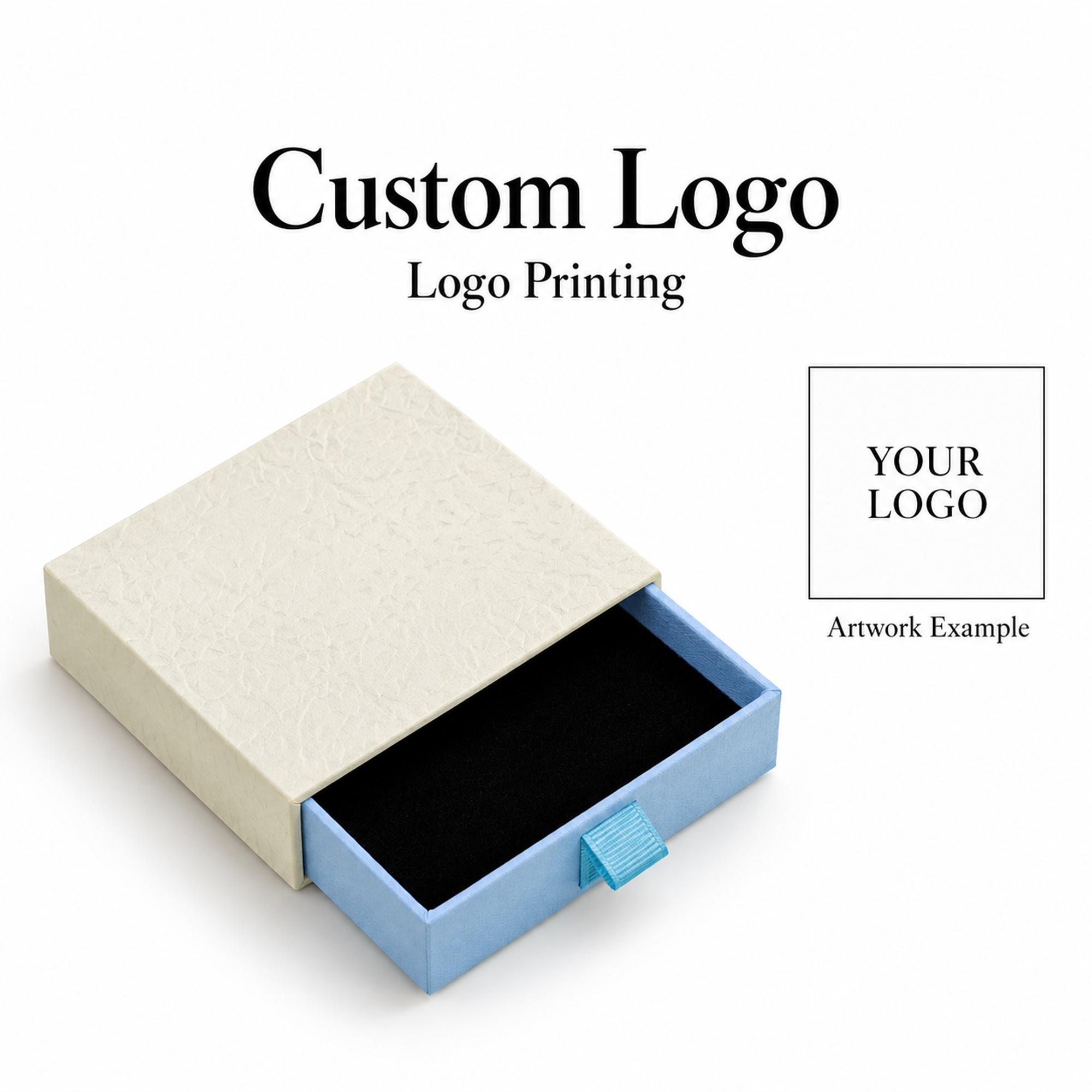 Custom branding options for cream and blue drawer jewelry box