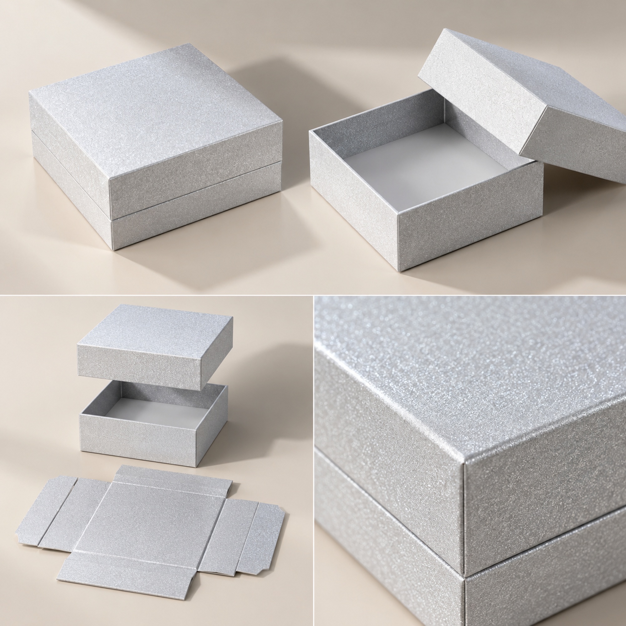 Silver-Tone Textured Jewelry Gift Box structure and exterior views