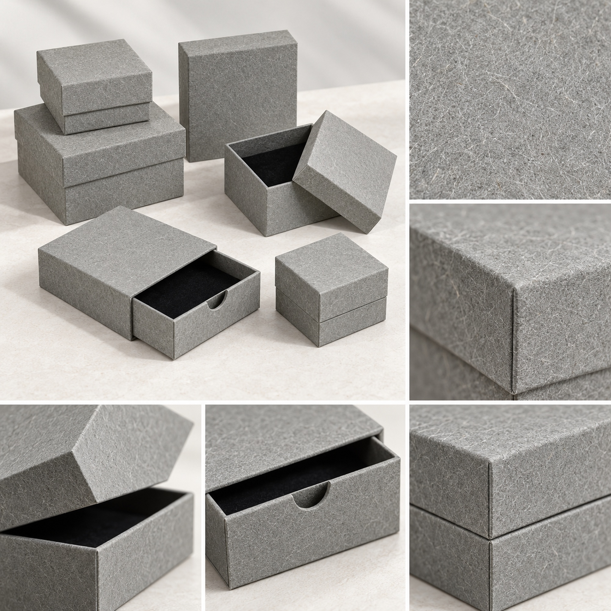 Wholesale gray textured jewelry packaging box visible design details
