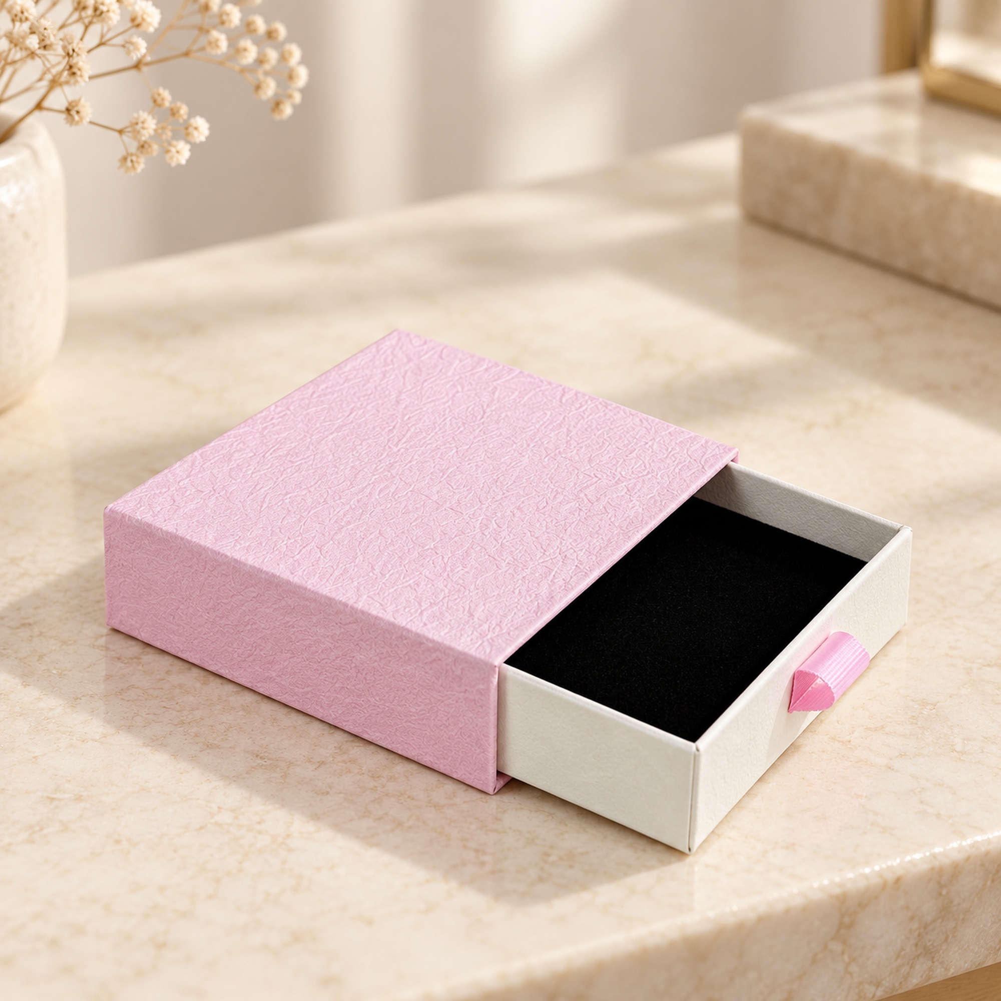 Pink and Cream Drawer Jewelry Box presentation setting