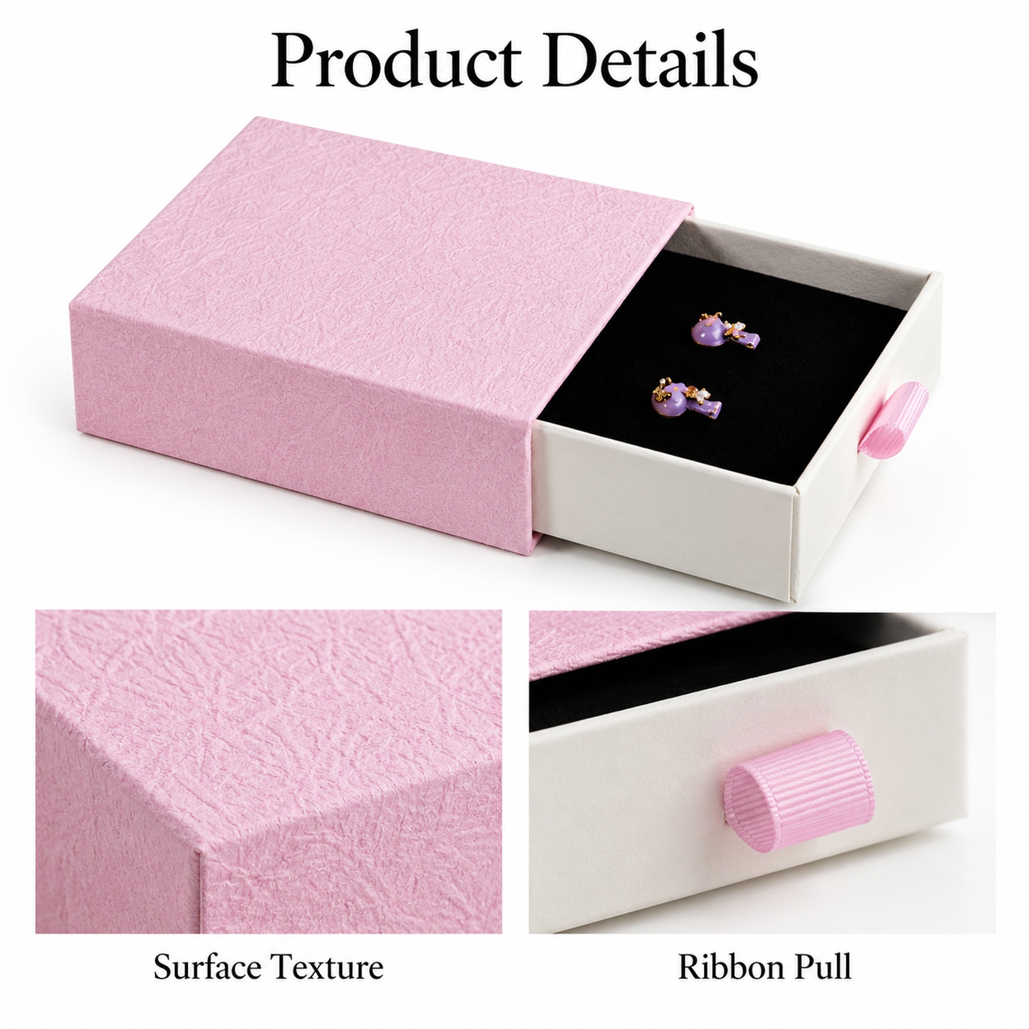 Wholesale pink and cream drawer jewelry box visible design details