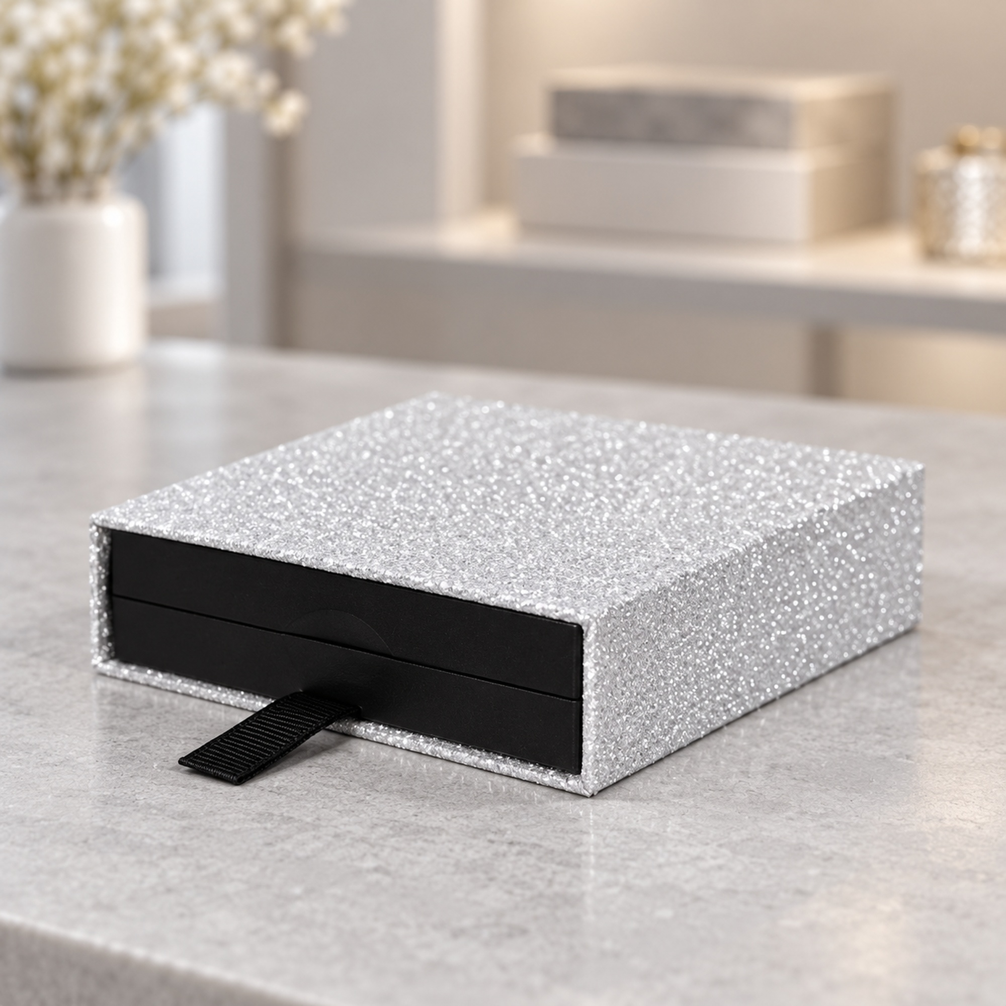 Sparkle-Finish Drawer Jewelry Box presentation setting