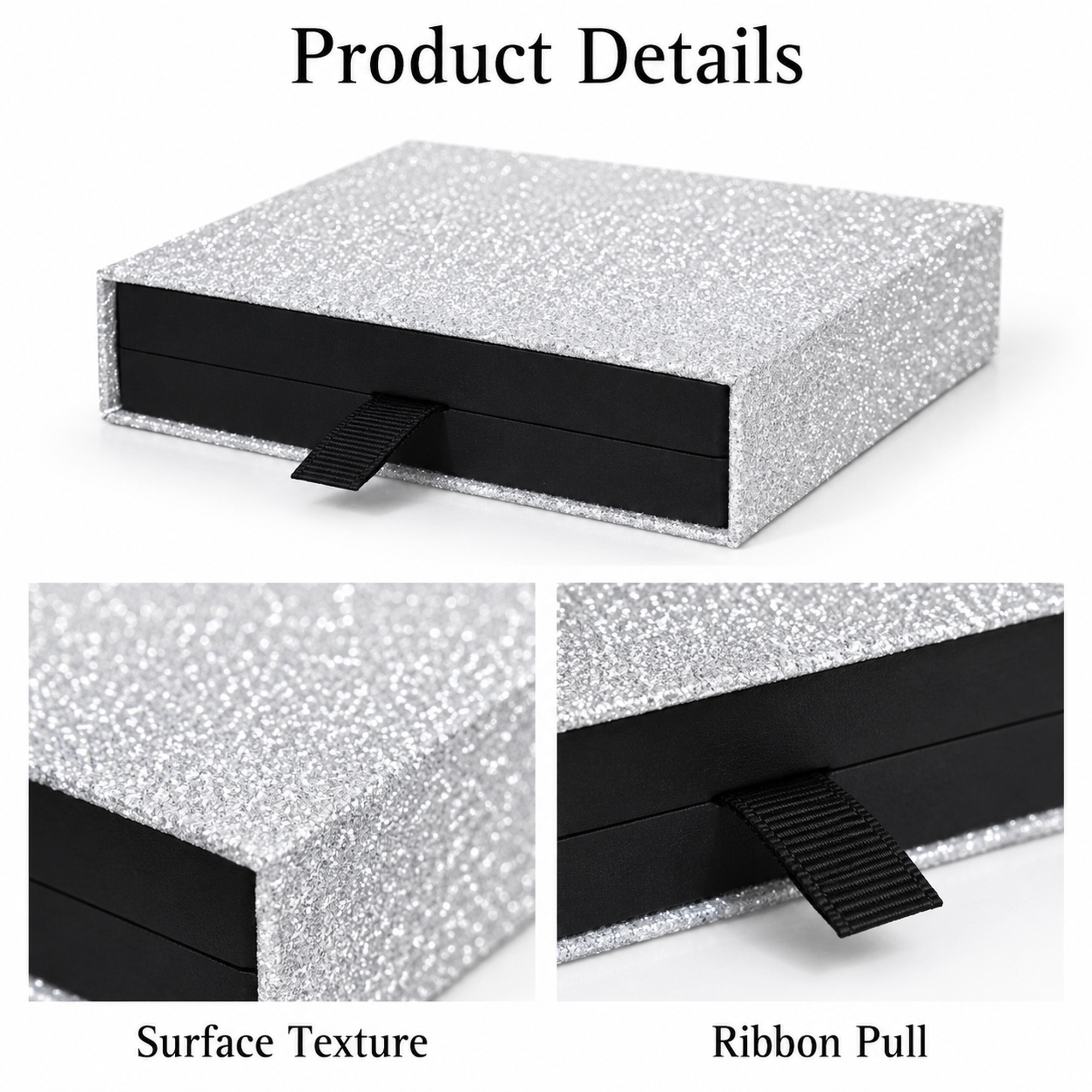 Wholesale sparkle-finish drawer jewelry box visible design details