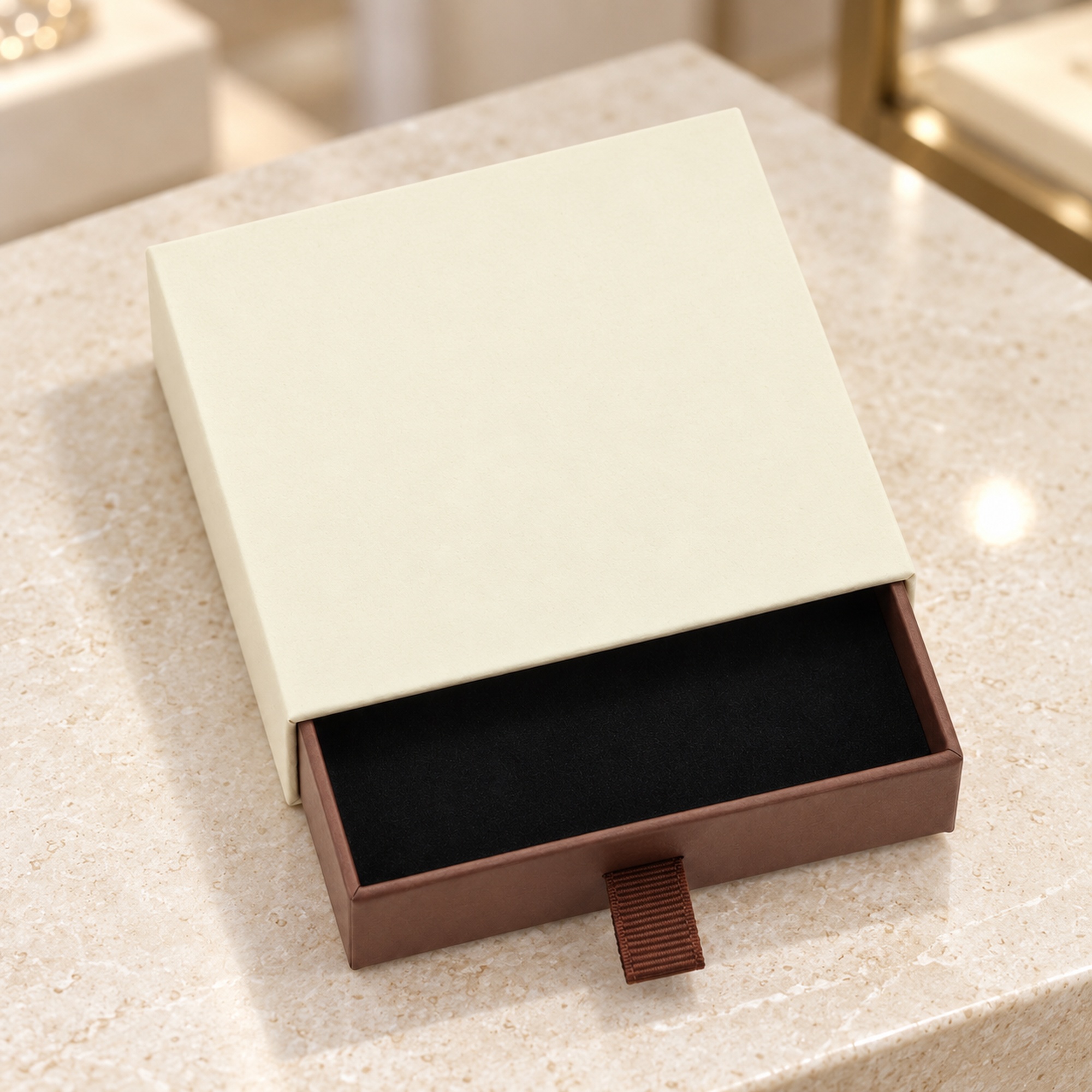 Cream and Brown Drawer Jewelry Box presentation setting