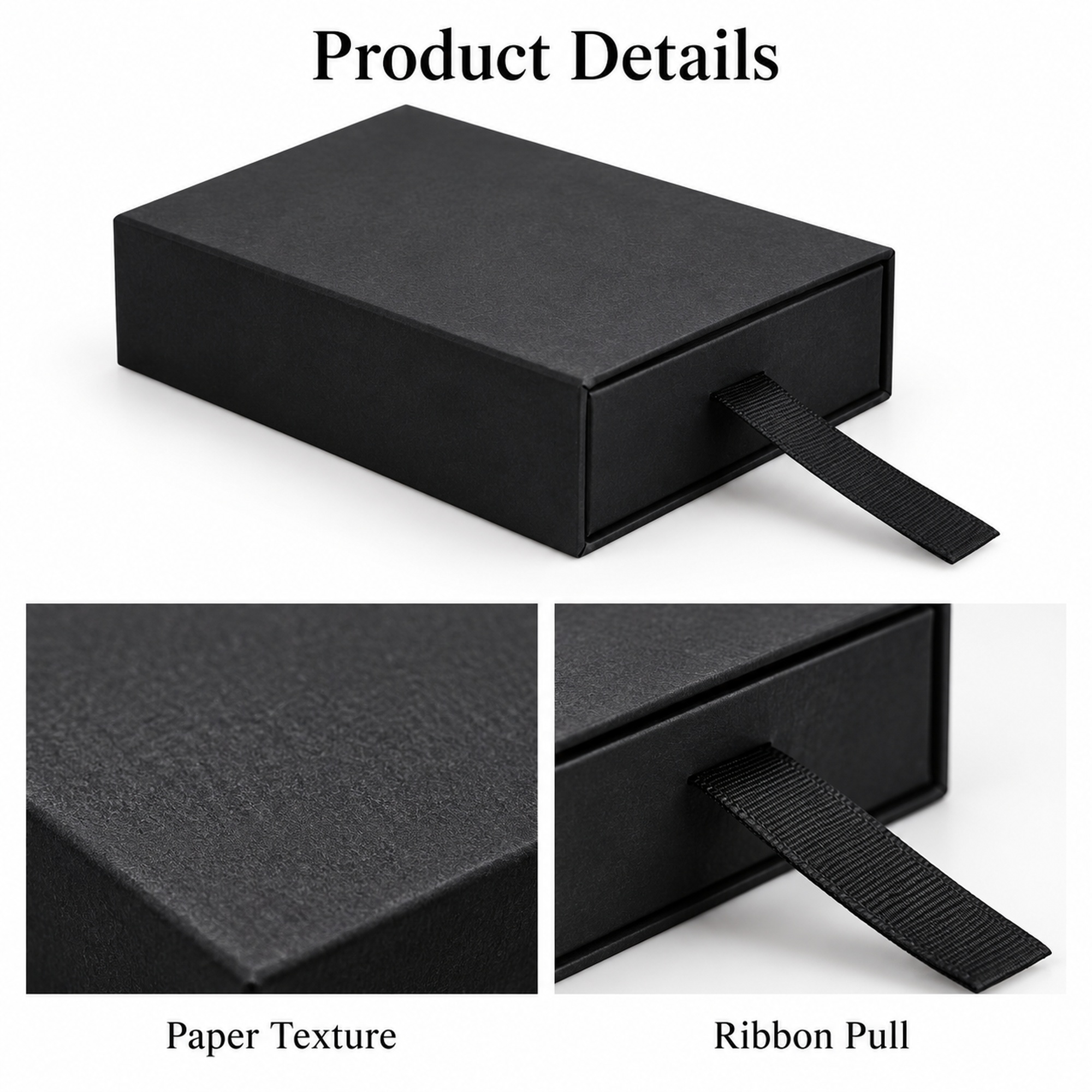 Wholesale black ribbon pull jewelry drawer box visible design details